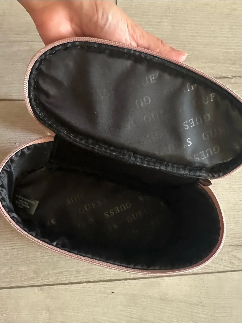 GUESS Blush Pink Logo Cosmetic Case with Gold Triangle Plaque